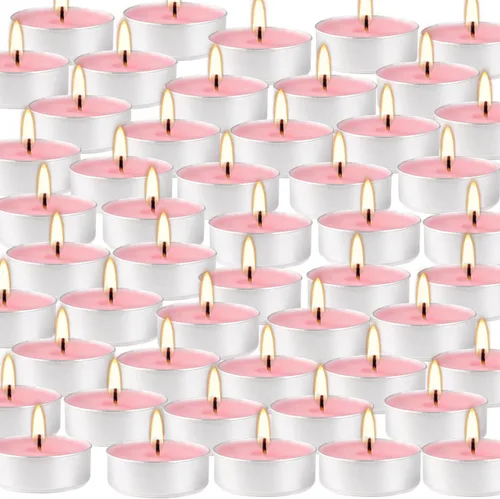 Vista 7 de Velas aromáticas de rosa rosa, paquete de 100 velas votivas gigantes a granel, juego de velas de té sin humo para el día de San Valentín