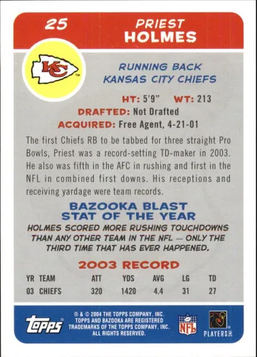 Vista 2 de 2004 Bazooka #25 Priest Holmes NFL Football Trading Card