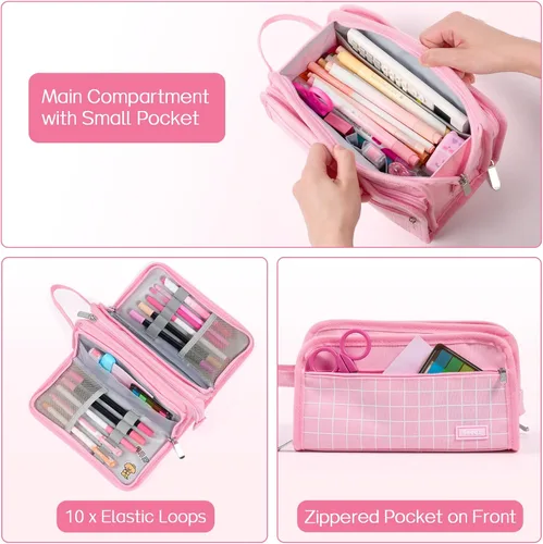 Vista 4 de Sooez Estuche grande para lápices, bolsa para lápices de gran capacidad con 3 compartimentos, organizador portátil de artículos de papelería de lona