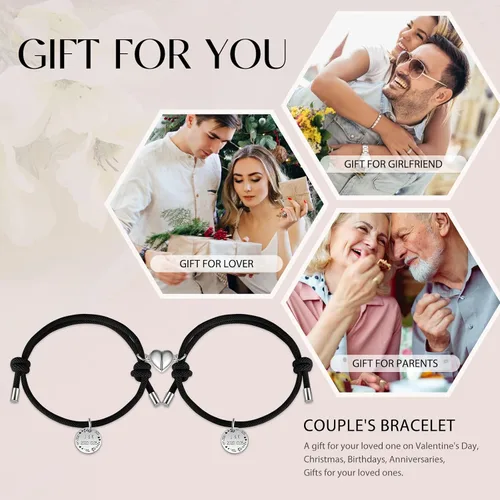 Vista 6 de 2 pulseras a juego para parejas, pulseras de corazón de acero inoxidable, pulseras personalizadas para el día de San Valentín, cumpleaños, Navidad