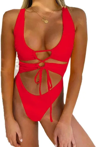 Vista 5 de Traje de baño sexy de una pieza con recortes, encaje, espalda descubierta y corte alto monokini para mujer Azul bebé