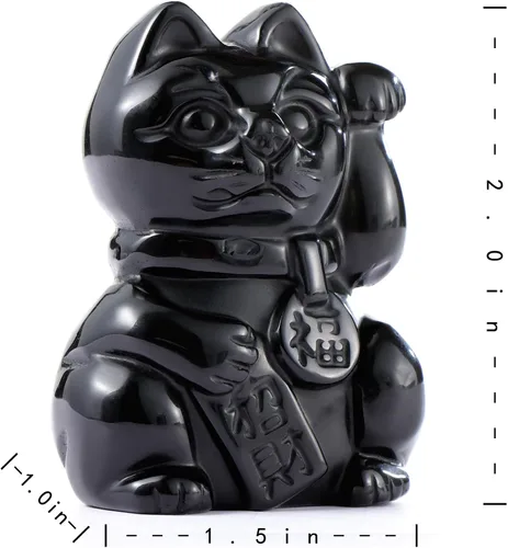 Vista 2 de Artistone Black Obsidian Crystal Maneki Neko Money Feng Shui Fortune Lucky Cat Collectible Figurine Gemstone Sculpture for Attract Wealth Good Luck