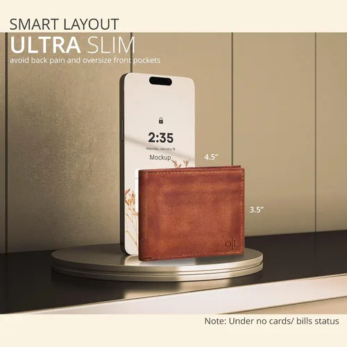 Vista 29 de Cartera delgada de cuero para hombre, bloqueo RFID, bolsillo frontal minimalista, delgada y elegante con ventana de identificación, regalo
