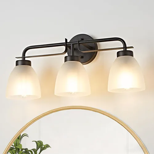 Vista 18 de Luces de tocador modernas de mediados de siglo de 16 pulgadas, lámpara dorada de 2 luces con pantallas de campana blancas esmeriladas, aplique