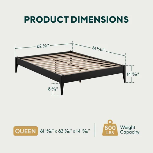 Vista 2 de Bme Dinkee - Marco de cama de plataforma Queen de madera de 15 pulgadas, marco de cama de madera maciza, estilo moderno y minimalista, soporte de 12