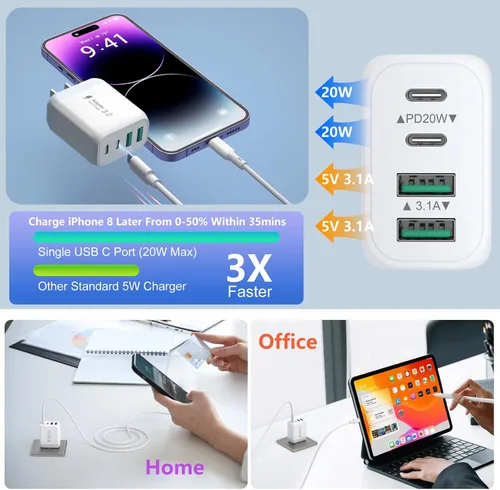 Vista 3 de Bloque de cargador USB C de 40 W, paquete de 2 cargadores de pared USB C de 4 puertos, cubo de carga rápida de teléfono tipo C con cable USBC a USBC