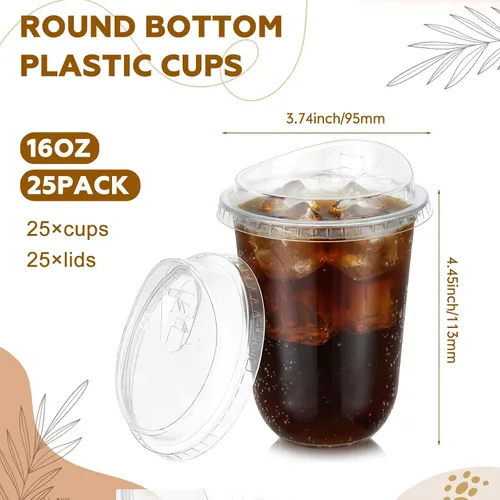 Vista 3 de Paquete de 25 vasos de plástico transparente de 16 onzas con tapas para sorber sin pajilla, desechables para café helado para mascotas, taza