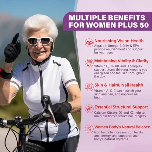 Vista 5 de Gomitas multivitamínicas para mujeres 50 Plus – con Omega 3, coenzima Q10, hierro, calcio, zinc, vitamina A, C, D3, E, K2, complejo B, folato