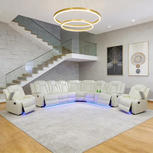 Vista 14 de Juego de sofá modular reclinable eléctrico para sala de estar, juego de sofá reclinable de cuero con luces LED / almacenamiento oculto, sofá