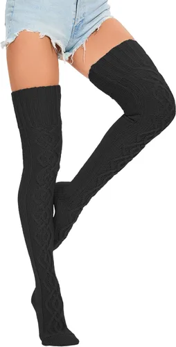 Vista 2 de HYTENSUN Calcetines altos de punto para mujer, calcetines altos gruesos por encima de la rodilla, calcetines de tubo de ganchillo, calentadores