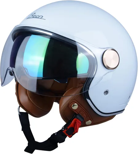 Vista 17 de Casco de moto de cara abierta para adultos, aprobado por DOT, 3/4 retro Vespa, con viseras duales, para motoneta, crucero, bobber y chopper