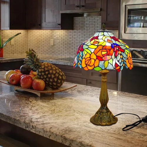 Vista 8 de Tiffany - Lámpara de mesa estilo rosas multicolor, lámpara de mesa con vitrales de 12 pulgadas de alto de 19 pulgadas, mesita de noche, mesita