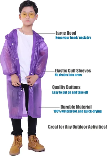 Vista 4 de Chaqueta de lluvia para niños, paquete de 2 ponchos de lluvia para niños, impermeables reutilizables para niños y niñas, impermeable, para exteriores