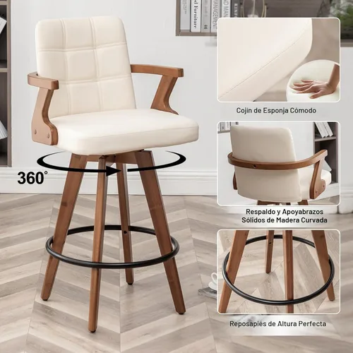 Vista 3 de MEKLIBA Taburetes de bar de 26” de altura de mostrador, Silla de bar tapizada en cuero, Taburetes giratorios con respaldo y brazos, Juego moderno