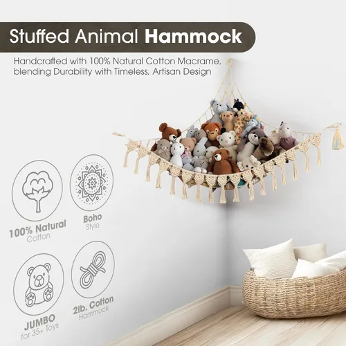 Vista 5 de ABBY BABY Hamaca de almacenamiento para animales de peluche extra grande con luces LED en la esquina – Red colgante para juguetes con capacidad
