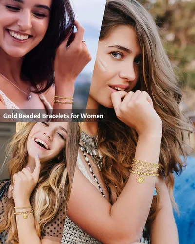 Vista 2 de Doubgood - Pulseras de cuentas de oro para mujer, juego de pulseras apilables de oro para mujeres y hombres, pulsera de cuentas elásticas chapada