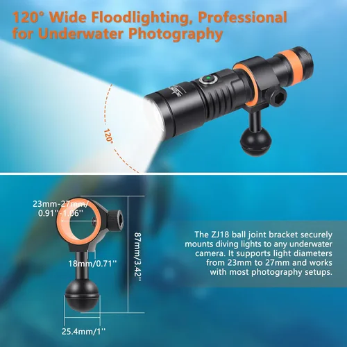 Vista 7 de ORCATORCH D530V 1200 lúmenes luz de video subacuática, haz súper ancho de 120°, 2 modos con indicador de batería, rótula ZJ18, IP68 impermeable Luz