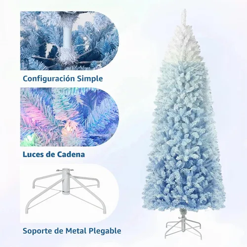 Vista 7 de Árbol de Navidad de lápiz flocado de nieve de 6 pies con degradado azul, árbol de Navidad artificial delgado en soporte de metal resistente