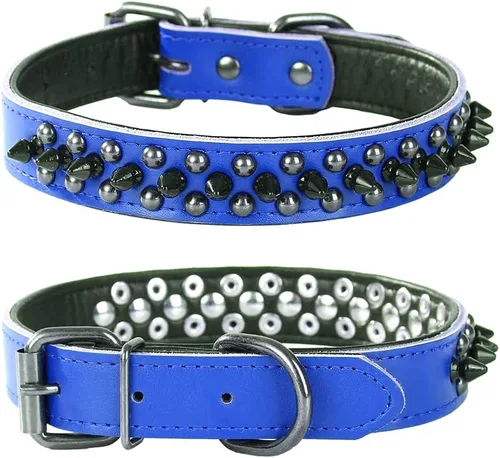 Vista 12 de Collar de perro con tachuelas, collar de perro de cuero genuino, collares ajustables para mascotas pequeñas o medianas (S, negro-1)