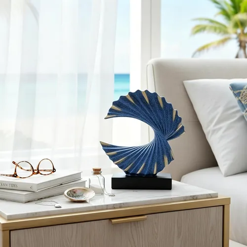 Vista 4 de Escultura de onda de oro azul, detalles modernos de olas oceánicas, estatua de arte de resina para estante, mesa de café, soporte de TV, adornos