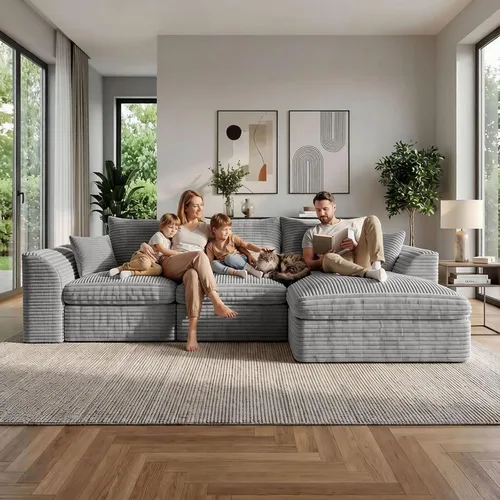 Vista 8 de Sofá modular modular de 106 pulgadas con asiento profundo, sofá de pana en forma de L con diván reversible, juego de 3 piezas para sala de estar Gris