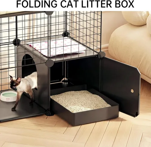 Vista 4 de PAWING Recinto para gatos para interiores con caja de arena, jaula de alambre de metal de 3 niveles, diseño desmontable para gatos, gatitos