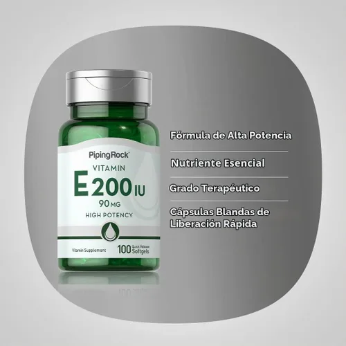 Vista 4 de Piping Rock Vitamina E 200 UI 90mg 100 cápsulas de cápsula blanda Suplemento de alta potencia Sin OMG, sin gluten