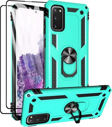 Vista 10 de Androgate Funda para Samsung Galaxy S20 FE con protectores de pantalla de cristal, soporte de anillo de metal de grado militar con soporte de Negro