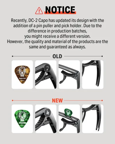 Vista 2 de Donner Cejilla para guitarra eléctrica y acústica DC-2, Ukelele Capo Negro con 4 púas