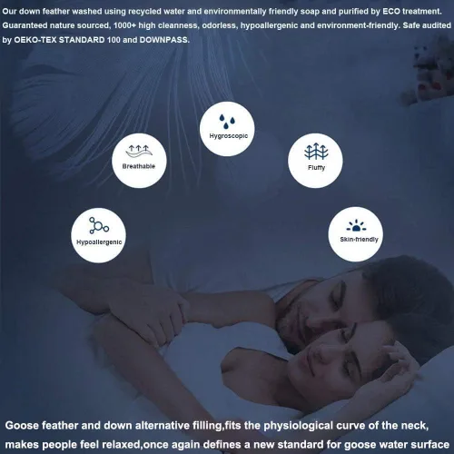 Vista 5 de achard Juego de 2 almohadas de cama de plumas de ganso blanco, tamaño Queen, suaves, 100% algodón, poliéster de relleno envolvente de soporte suave