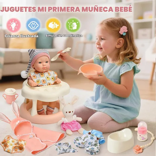 Vista 5 de Cleboen Juego de accesorios para muñecas de bebé para niñas, muñeca de bebé de 9'' con 2 juegos de ropa, andador para muñecas, silla, biberón