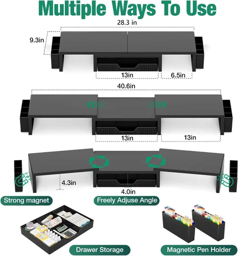 Vista 2 de OPNICE Soporte elevador de monitor doble con cajón y 2 soportes para bolígrafos, organizador de escritorio para suministros de oficina, soporte