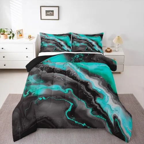 Vista 28 de Feelyou Juego de edredón abstracto para todas las estaciones, juego de ropa de cama negro y azul con 1 funda de almohada con estampado de mármol