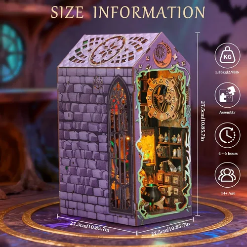 Vista 6 de Kit de rincón de libro Magic Wizard House DIY rompecabezas 3D, morado Decoración de estanterías de libros, regalos para amantes de los libros