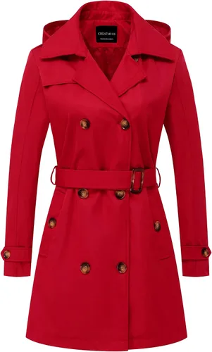 Vista 10 de CREATMO US Gabardina para mujer con doble botonadura clásica con solapa, con cinturón y capucha desmontable Albaricoque