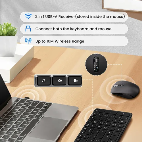 Vista 5 de QWERTY - Combo de teclado y mouse inalámbricos Bluetooth (USB + Dual BT), juego de teclado y mouse delgado multidispositivo compatible con Windows