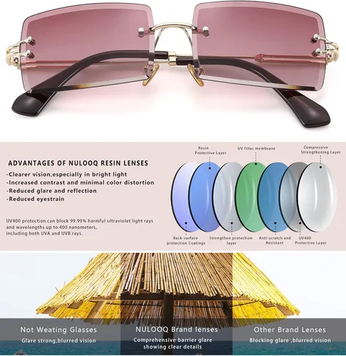 Vista 5 de NULOOQ Gafas de sol rectangulares sin montura para mujeres y hombres, Y2K sin marco, lentes de sol teñidas y gruesas degradadas