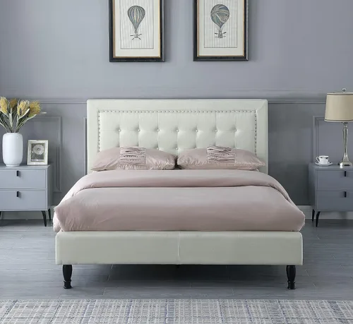 Vista 7 de Base de cama de plataforma tapizada completa con cabecera de 43.5 pulgadas de alto, cama de tela con botones, soporte de listones de madera con Gris