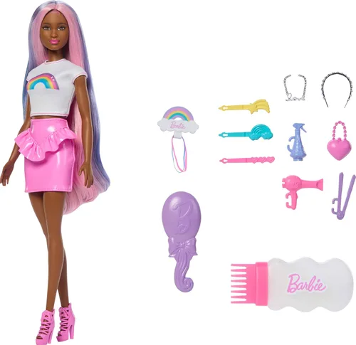 Vista 8 de Barbie Rainbow Sparkle - Muñeca para el cabello, extra larga y colorida con 12 accesorios de peinado como tubo de purpurina, cepillo, clips, secador