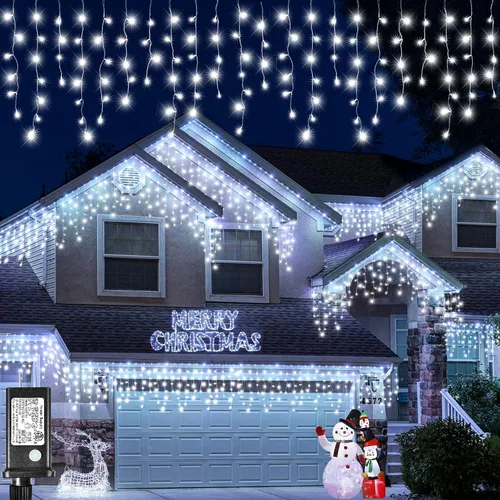 Vista 8 de Luces de carámbano para exteriores, 16.5 pies, 200 luces LED de Navidad para exteriores, impermeables, 8 modos de enchufe, cortina de luz conectable
