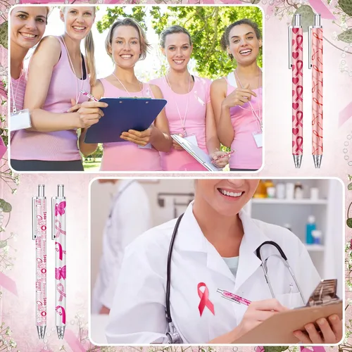 Vista 4 de Leinuosen 120 piezas Plumas de concienciación sobre el cáncer de mama con cintas, plumas esferográficas, accesorios de concienciación sobre