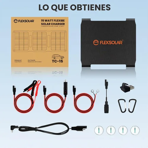 Vista 7 de FlexSolar 15W plegable 12V cargador solar de goteo con controlador para coche Includes USB Output, Cigarette Lighter, Alligator Clips, O-Rings
