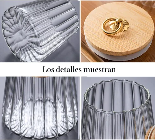 Vista 6 de FANTESTICRYAN Tarro de almacenamiento hermético de café de vidrio con nueces, recipiente decorativo de pétalos con tapa de bambú y asa de metal