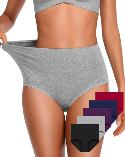 Vista 9 de OUENZ Ropa interior de algodón para mujer, de cintura alta, cobertura completa, calzoncillos posparto, suaves, elásticos, paquete múltiple Negro A