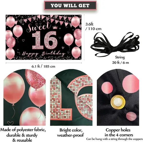 Vista 2 de Vicycaty Decoraciones de cumpleaños de 16 años – Cartel de fondo, decoración de fiesta de feliz 16 para niñas, cartel de 16 yardas de oro rosa