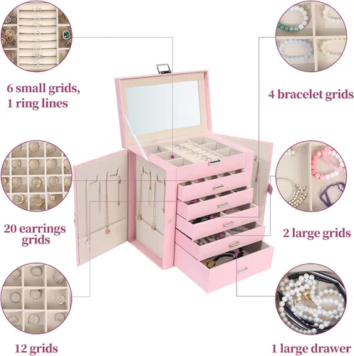 Vista 3 de ASINGYER Joyero para mujer, organizador grande de 6 capas con cerradura y 5 cajones para almacenamiento de joyas, joyero grande para regalo