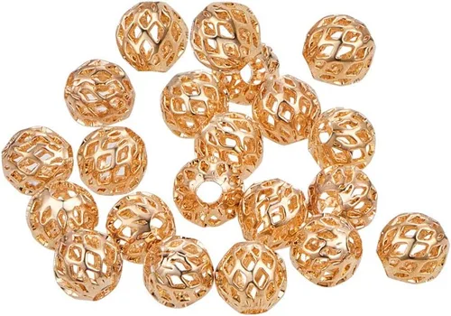 Vista 12 de BENECREAT - 40 piezas de cuentas de filigrana redondas huecas bañadas en oro de 18 quilates, cuentas de filigrana huecas chapadas en oro, cuentas