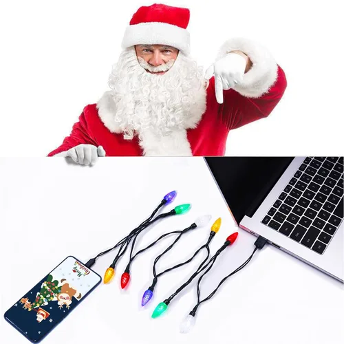 Vista 7 de Cable de carga para teléfono con luz navideña, cable de carga de bombillas de luces navideñas para automóvil, USB-A a tipo C de 55"/10 LED