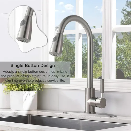 Vista 8 de Comllen Grifo de cocina con rociador extraíble, grifos de cocina de acero inoxidable de níquel cepillado, grifo comercial de arco alto de una sola