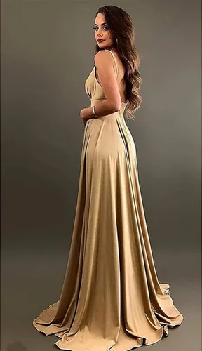 Vista 7 de Vestidos largos de dama de honor con cuello en V dividido sin mangas vestido de noche formal